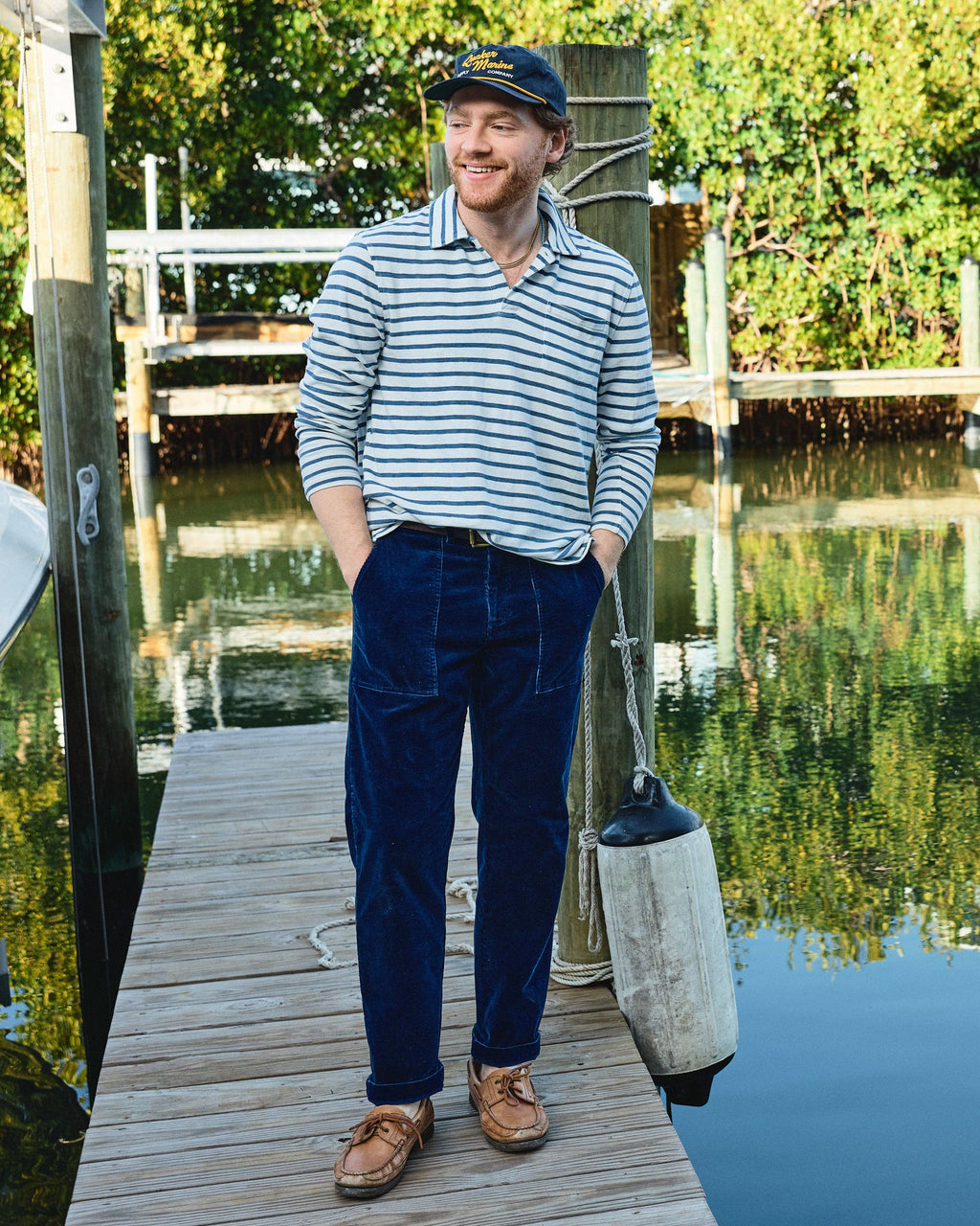 Long Sleeve White Indigo Stripe Polo