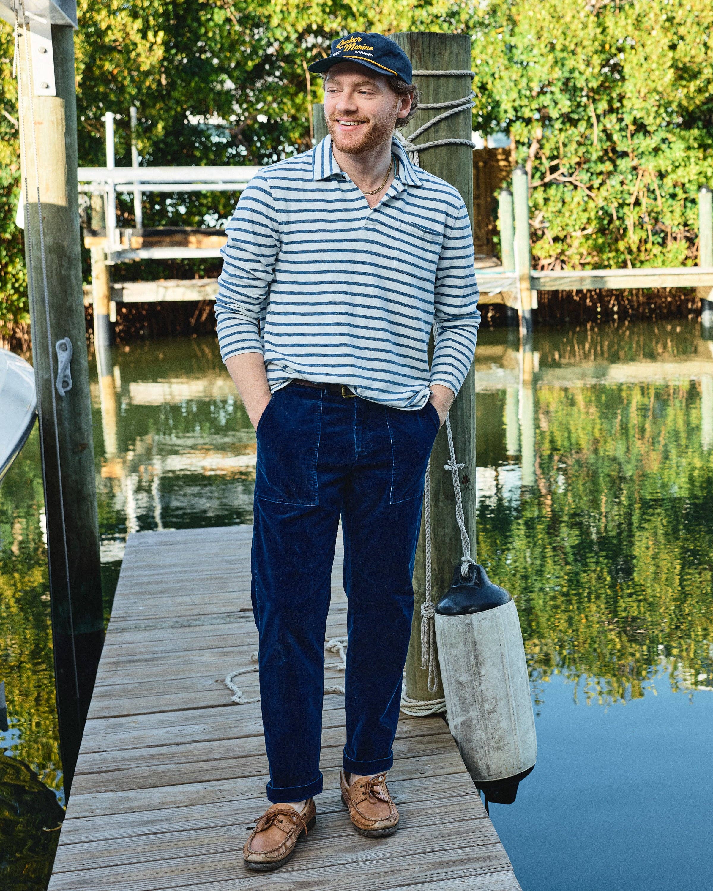 Long Sleeve White Indigo Stripe Polo