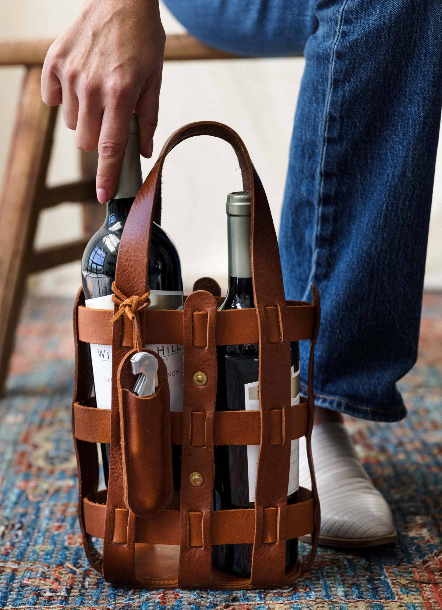 Full-Grain Leather Wine Tote