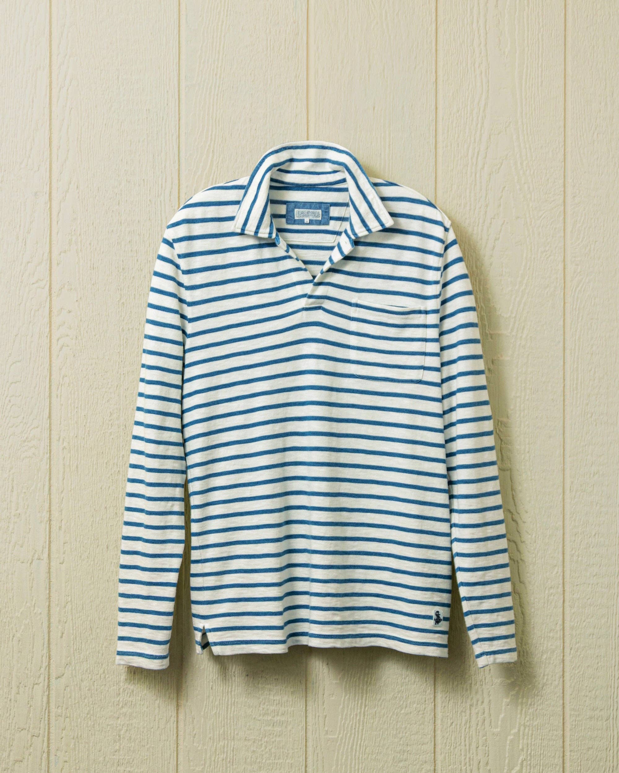 Long Sleeve White Indigo Stripe Polo