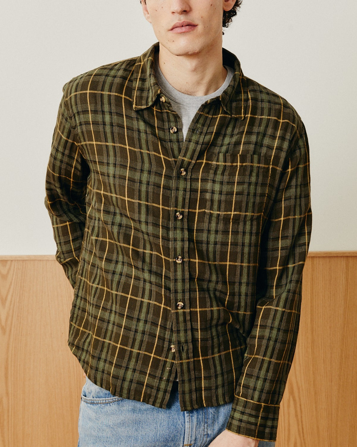 Crinkle Plaid Shirt - Olive