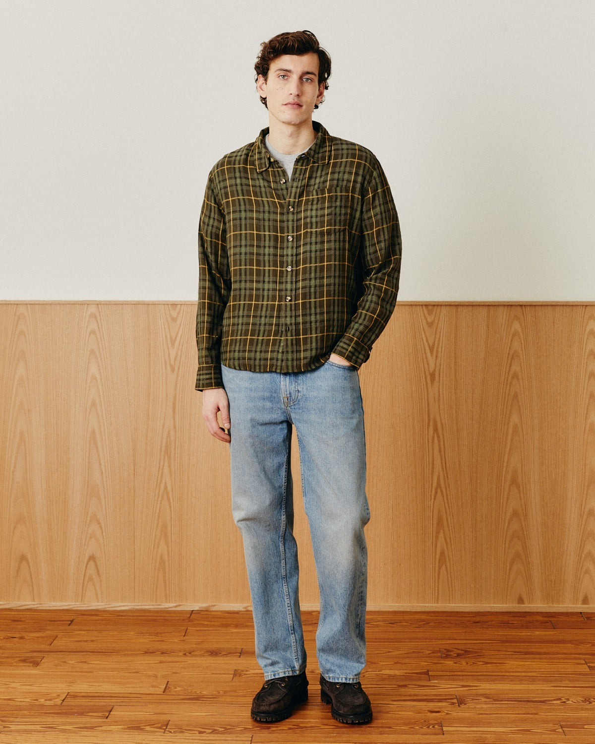 Crinkle Plaid Shirt - Olive