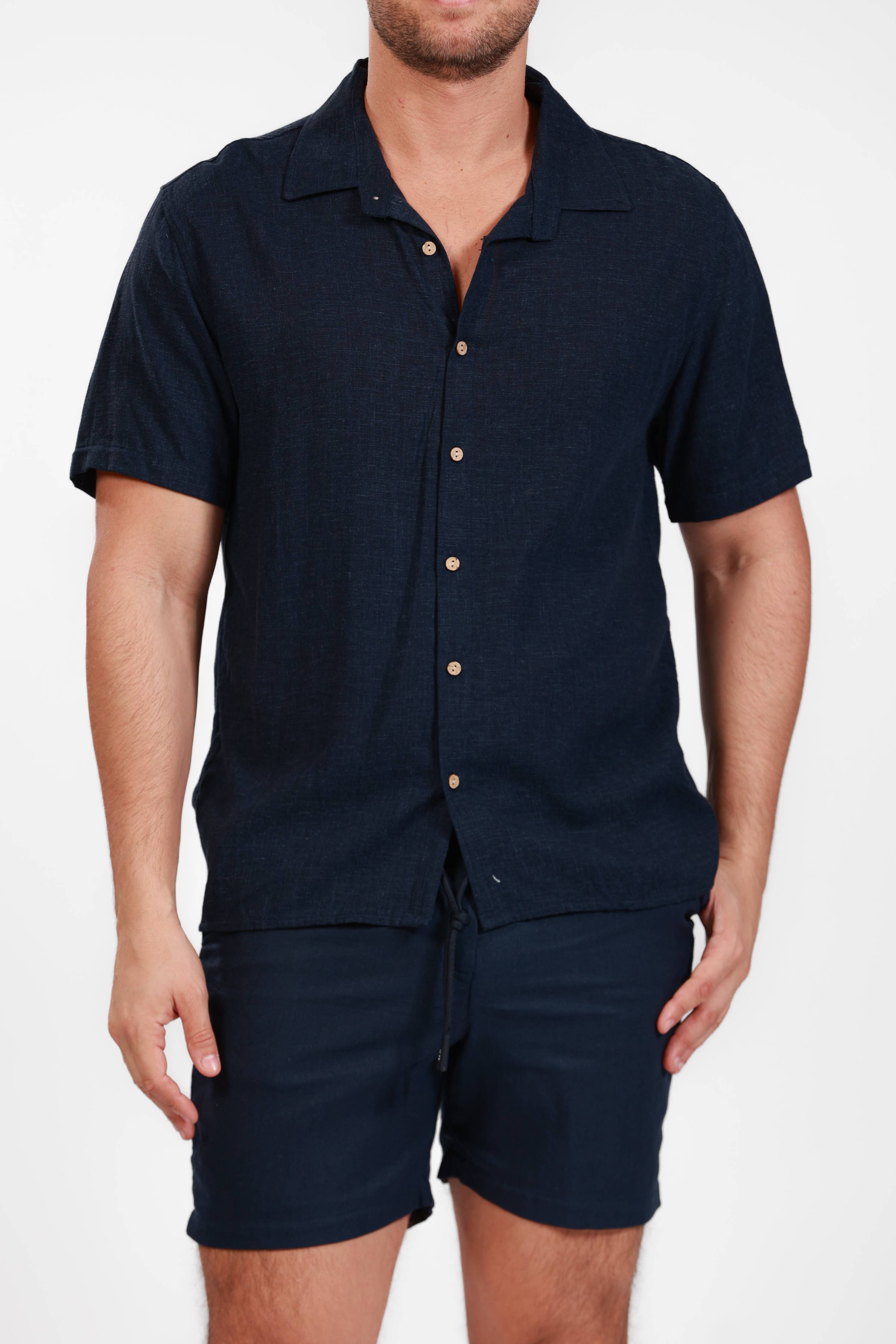 Linen Short Sleeve Shirt - Navy